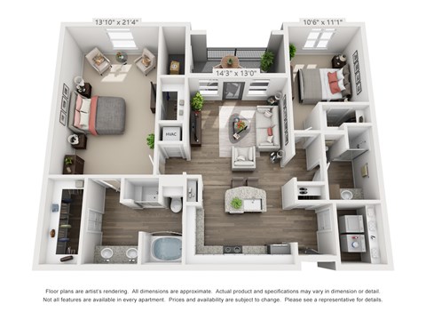Floor plan for 2 beds, 2 baths, 1273 sqft